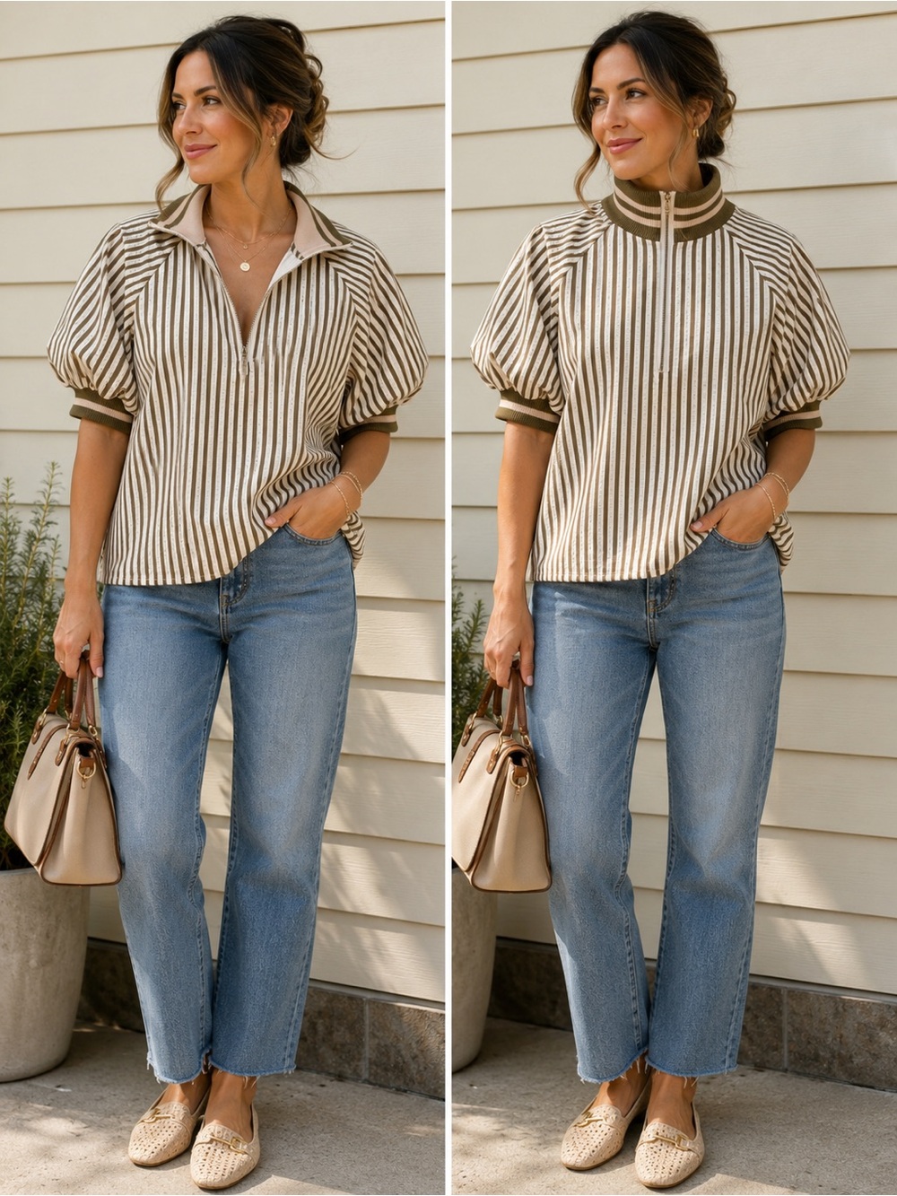 entro Striped Puff Sleeve Polo Top in Cream and Brown